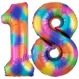 Zahl 18 Regenbogen, Zahlen Luftballons aus Folie zum 18. Geburtstag, inklusive Helium