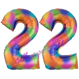 Zahl 22 Regenbogen, Zahlen Luftballons aus Folie zum 22. Geburtstag, inklusive Helium