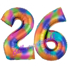Zahl 26 Regenbogen, Zahlen Luftballons aus Folie zum 26. Geburtstag, inklusive Helium