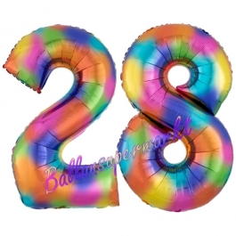 Zahl 28 Regenbogen, Zahlen Luftballons aus Folie zum 28. Geburtstag, inklusive Helium