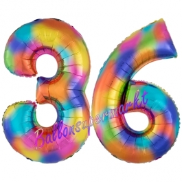 Zahl 36 Regenbogen, Zahlen Luftballons aus Folie zum 36. Geburtstag, inklusive Helium