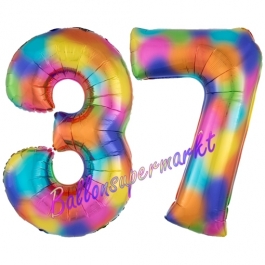 Zahl 37 Regenbogen, Zahlen Luftballons aus Folie zum 37. Geburtstag, inklusive Helium