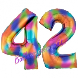 Zahl 42 Regenbogen, Zahlen Luftballons aus Folie zum 42. Geburtstag, inklusive Helium