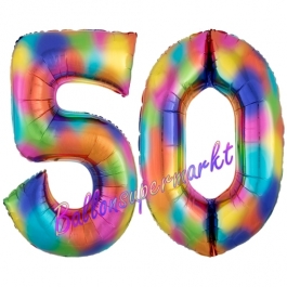 Zahl 50 Regenbogen, Zahlen Luftballons aus Folie zum 50. Geburtstag, inklusive Helium
