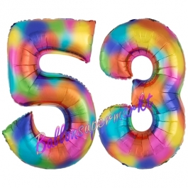 Zahl 53 Regenbogen, Zahlen Luftballons aus Folie zum 53. Geburtstag, inklusive Helium