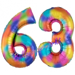 Zahl 63 Regenbogen, Zahlen Luftballons aus Folie zum 63. Geburtstag, inklusive Helium