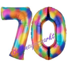 Zahl 70 Regenbogen, Zahlen Luftballons aus Folie zum 70. Geburtstag, inklusive Helium