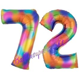 Zahl 72 Regenbogen, Zahlen Luftballons aus Folie zum 72. Geburtstag, inklusive Helium