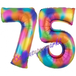 Zahl 75 Regenbogen, Zahlen Luftballons aus Folie zum 75. Geburtstag, inklusive Helium