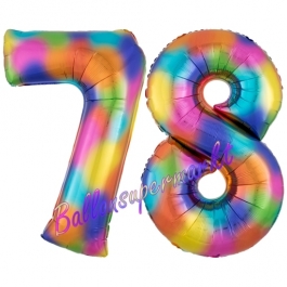 Zahl 78 Regenbogen, Zahlen Luftballons aus Folie zum 78. Geburtstag, inklusive Helium