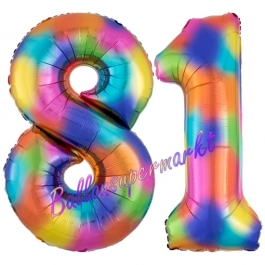 Zahl 81 Regenbogen, Zahlen Luftballons aus Folie zum 81. Geburtstag, inklusive Helium