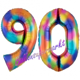 Zahl 90 Regenbogen, Zahlen Luftballons aus Folie zum 90. Geburtstag, inklusive Helium