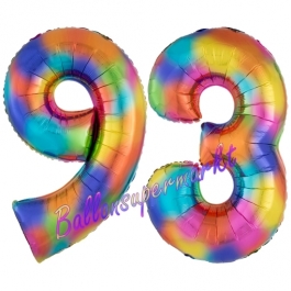 Zahl 93 Regenbogen, Zahlen Luftballons aus Folie zum 93. Geburtstag, inklusive Helium