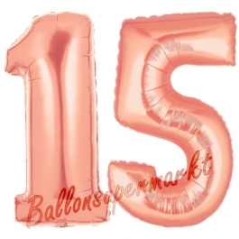 Zahl 15 Rose Gold, Luftballons aus Folie zum 15. Geburtstag, 100 cm, inklusive Helium