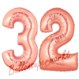 Zahl 32, Rosegold, Luftballons aus Folie zum 32. Geburtstag, 100 cm, inklusive Helium