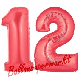 Zahl 12 Rot, Luftballons aus Folie zum 12. Geburtstag, 100 cm, inklusive Helium