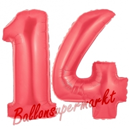 Zahl 14 Rot, Luftballons aus Folie zum 14. Geburtstag, 100 cm, inklusive Helium