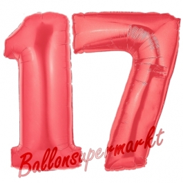 Zahl 17 Rot, Luftballons aus Folie zum 17. Geburtstag, 100 cm, inklusive Helium