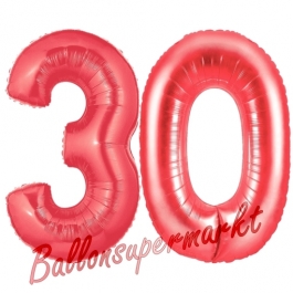 Zahl 30, Rot, Luftballons aus Folie zum 30. Geburtstag, 100 cm, inklusive Helium