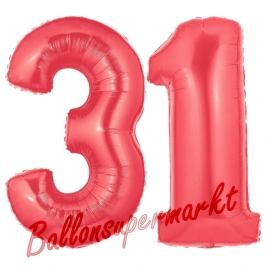 Zahl 31 Rot, Luftballons aus Folie zum 31. Geburtstag, 100 cm, inklusive Helium