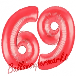 Zahl 69, Rot, Luftballons aus Folie zum 69. Geburtstag, 100 cm, inklusive Helium