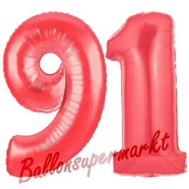 Zahl 91, Rot, Luftballons aus Folie zum 91. Geburtstag, 100 cm, inklusive Helium