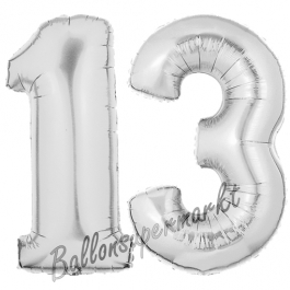 Zahl 13 Silber, Luftballons aus Folie zum 13. Geburtstag, 100 cm, inklusive Helium