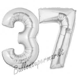 Zahl 37, Silber, Luftballons aus Folie zum 37. Geburtstag, 100 cm, inklusive Helium