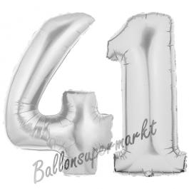 Zahl 41, Silber, Luftballons aus Folie zum 41. Geburtstag, 100 cm, inklusive Helium