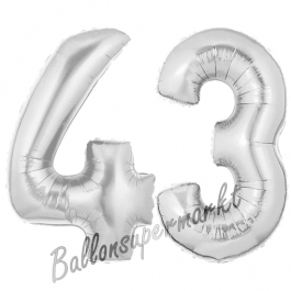 Zahl 43, Silber, Luftballons aus Folie zum 43. Geburtstag, 100 cm, inklusive Helium