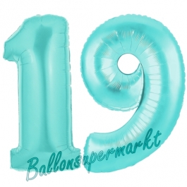 Zahl 19 Türkis, Luftballons aus Folie zum 19. Geburtstag, 100 cm, inklusive Helium