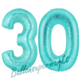 Zahl 30, Türkis, Luftballons aus Folie zum 30. Geburtstag, 100 cm, inklusive Helium