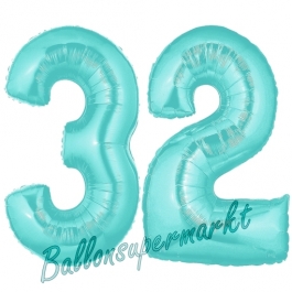 Zahl 32 Türkis, Luftballons aus Folie zum 32. Geburtstag, 100 cm, inklusive Helium