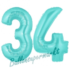 Zahl 34 Türkis, Luftballons aus Folie zum 34. Geburtstag, 100 cm, inklusive Helium