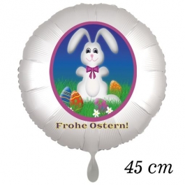 Osterhasen Luftballon, Osterhase mit Ostereiern auf der Frühlingswiese, weißer Rundluftballon mit Helium, Frohe Ostern