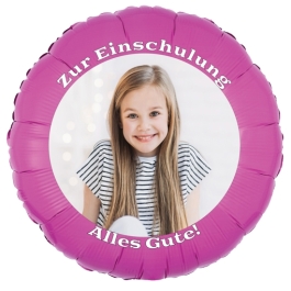 Fotoballon zur Einschulung, zum Schulanfang. Ballon in Pink mit dem Foto des Schulkindes zum Schulbeginn