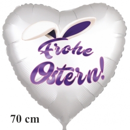 Frohe Ostern satinweißer Herzluftballon, 70 cm, mit Hasenohren, ohne Helium