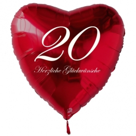 Zum 20. Geburtstag, roter Herzluftballon mit Helium