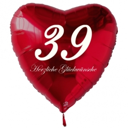 Zum 39. Geburtstag, roter Herzluftballon mit Helium