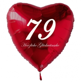 Zum 79. Geburtstag, roter Herzluftballon mit Helium