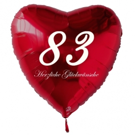 Zum 83. Geburtstag, roter Herzluftballon mit Helium