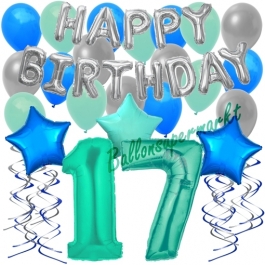 17. Geburtstag Dekorations-Set mit Ballons Happy Birthday Aquamarin, 34 Teile