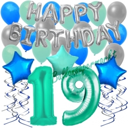 19. Geburtstag Dekorations-Set mit Ballons Happy Birthday Aquamarin, 34 Teile