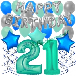 21. Geburtstag Dekorations-Set mit Ballons Happy Birthday Aquamarin, 34 Teile
