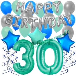 30. Geburtstag Dekorations-Set mit Ballons Happy Birthday Aquamarin, 34 Teile