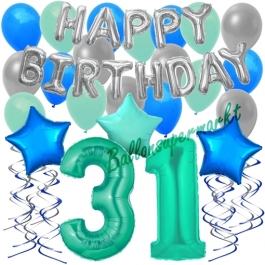 31. Geburtstag Dekorations-Set mit Ballons Happy Birthday Aquamarin, 34 Teile