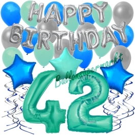 42. Geburtstag Dekorations-Set mit Ballons Happy Birthday Aquamarin, 34 Teile