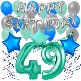 49. Geburtstag Dekorations-Set mit Ballons Happy Birthday Aquamarin, 34 Teile