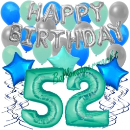 52. Geburtstag Dekorations-Set mit Ballons Happy Birthday Aquamarin, 34 Teile