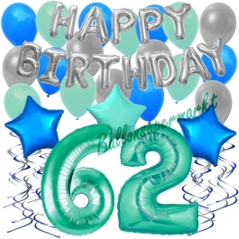 62. Geburtstag Dekorations-Set mit Ballons Happy Birthday Aquamarin, 34 Teile